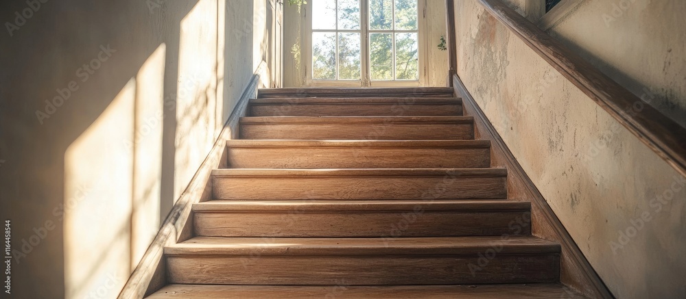 Elegant wooden staircase bathed in natural light creating a warm and inviting atmosphere in a rustic home interior design Elegant wooden staircase bathed in natural light creating a warm and inviting atmosphere in a rustic home interior design