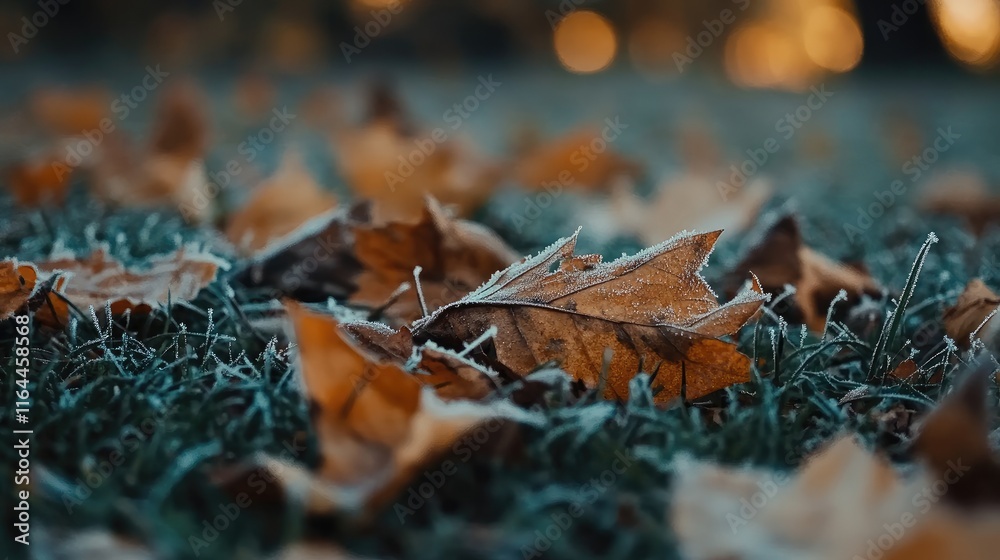 Close up shot of frosted fallen leaves on green grass in autumn morning light showcasing nature's seasonal transition Close up shot of frosted fallen leaves on green grass in autumn morning light showcasing nature's seasonal transition