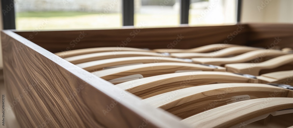 Detailed view of wooden orthopedic bed base highlighting craftsmanship and interior structure with elegant curved components Detailed view of wooden orthopedic bed base highlighting craftsmanship and interior structure with elegant curved components