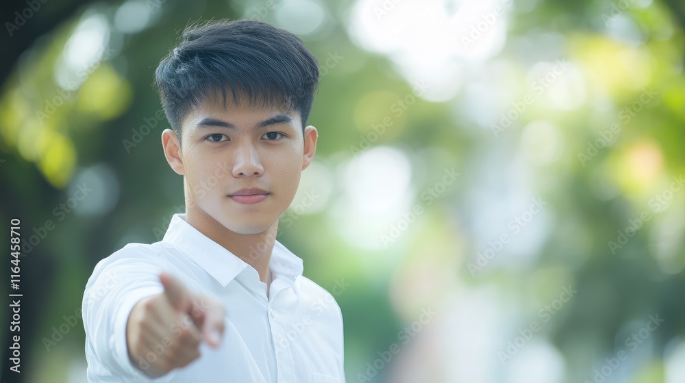 Confident Asian male student pointing forward in a white shirt with a soft focus nature background showcasing determination and focus. Confident Asian male student pointing forward in a white shirt with a soft focus nature background showcasing determination and focus.
