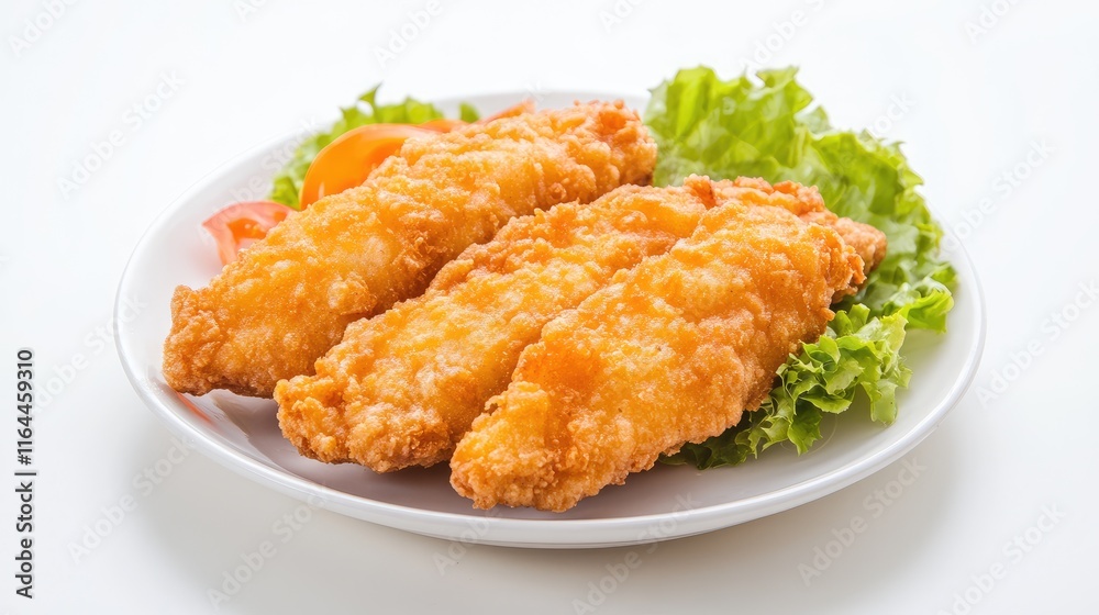 Crispy fried mackerel fish served on a plate with fresh lettuce and tomatoes against a clean white background