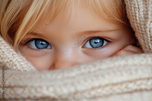 A captivating close-up of a charming baby with striking blue eyes peering out from a knitted blanket, radiating purity, innocence, and a sense of wonder in a cozy environment. photo