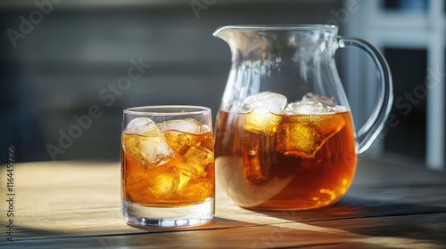 Refreshing iced cocktail served in a glass alongside a stylish pitcher on a wooden table in soft natural lighting photo