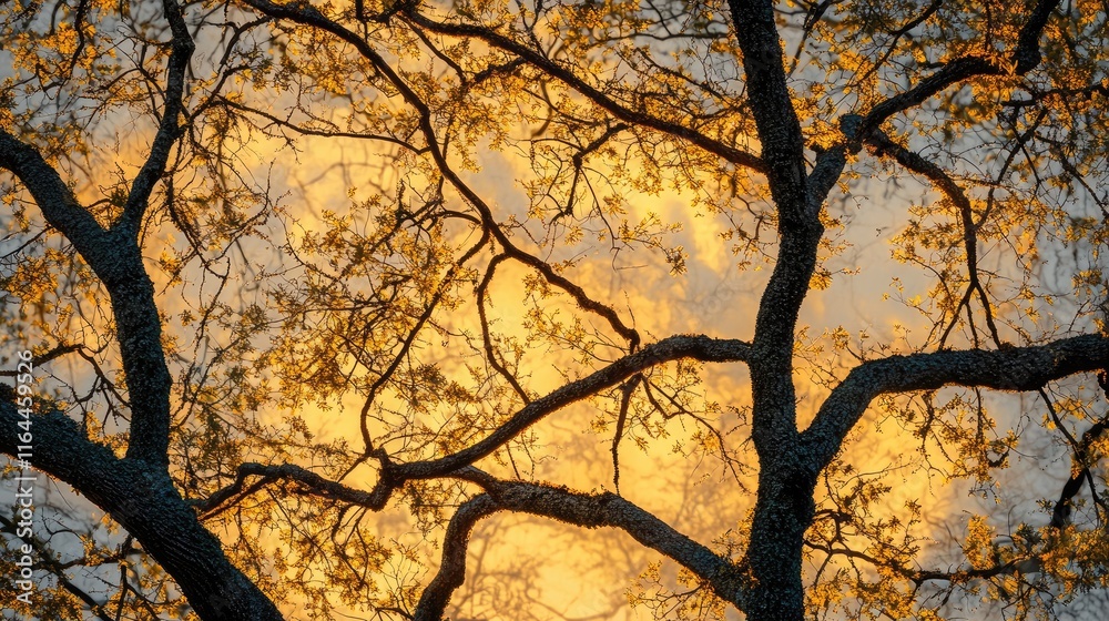 Golden hour sunset illuminating branches of trees creating a serene nature backdrop in warm golden tones. Golden hour sunset illuminating branches of trees creating a serene nature backdrop in warm golden tones.
