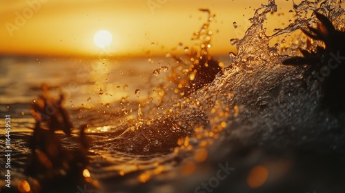 Fototapeta Naklejka Na Ścianę i Meble -  Coastal sunset over the Baltic Sea with sand dunes and water splashes creating an atmospheric beach scene close up