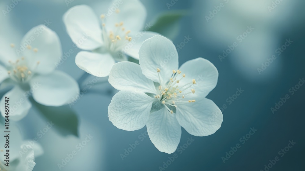 Delicate macro shot of blooming apple tree flowers showcasing soft petals and vibrant details in serene blue tones Delicate macro shot of blooming apple tree flowers showcasing soft petals and vibrant details in serene blue tones