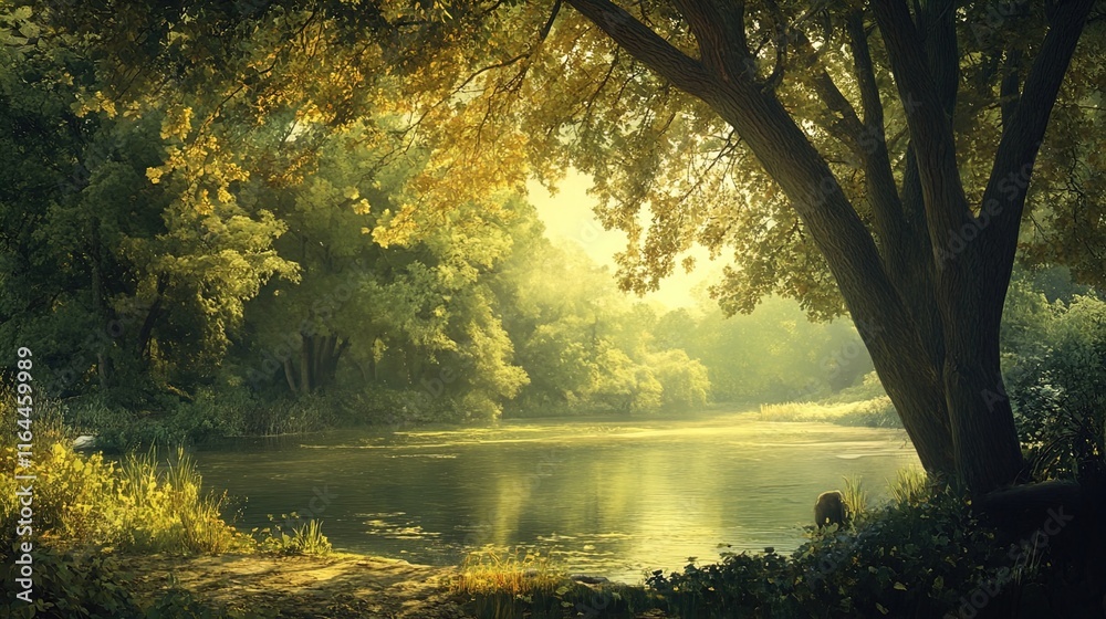 A tranquil river scene surrounded by lush greenery, featuring a large tree on the right, casting dappled sunlight over the water. The river reflects the golden hues of the setting sun, creating a sere A tranquil river scene surrounded by lush greenery, featuring a large tree on the right, casting dappled sunlight over the water. The river reflects the golden hues of the setting sun, creating a sere