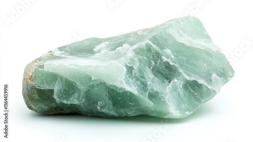 Close up of a light green gemstone showcasing its natural texture and color on a pure white background for high-quality product display