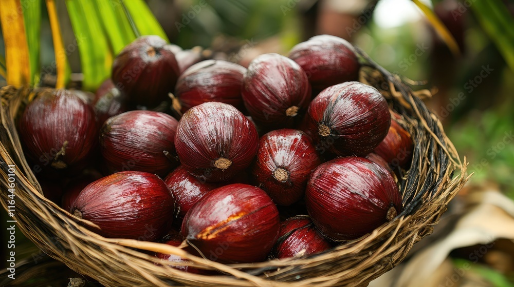 Close up of vibrant red babassu coconuts nestled in a woven basket surrounded by lush palm leaves in a natural setting. Close up of vibrant red babassu coconuts nestled in a woven basket surrounded by lush palm leaves in a natural setting.