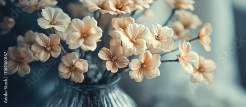 Faded plastic flowers in a vintage glass vase capturing nostalgic beauty and timeless elegance in a soft, muted color palette. photo