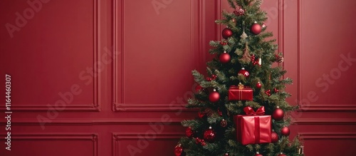 Festive Christmas tree decorated with shiny ornaments and red gifts against a bold red wall creating a warm holiday atmosphere