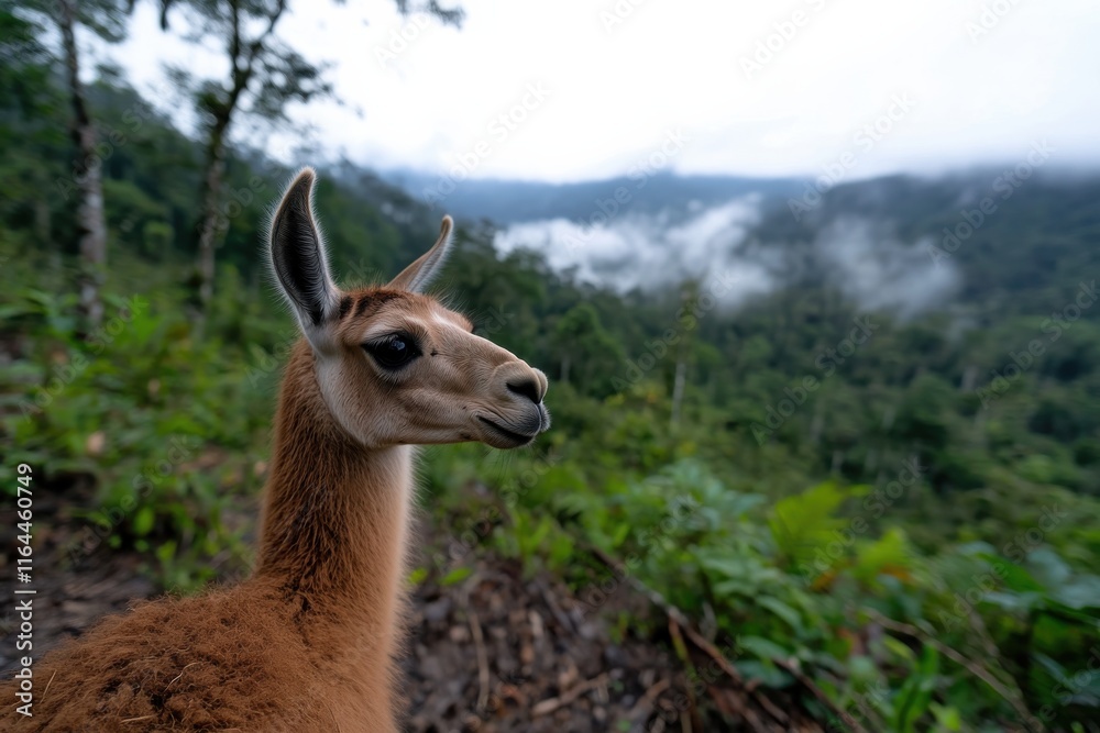Obraz premium A llama gazes thoughtfully over a breathtaking mountain vista, combining elements of wildlife with the awe-inspiring beauty of nature's landscapes and expansive horizons.