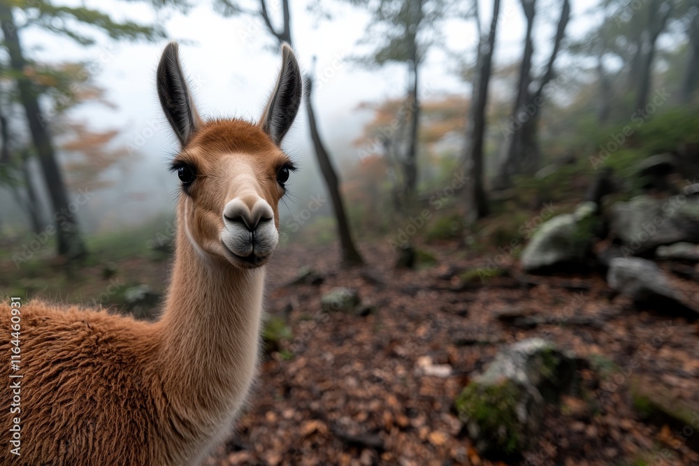 Obraz premium In a serene autumn forest, a llama curiously explores its surroundings, perfectly embodying the harmony between wildlife and nature's changing seasons, surrounded by vibrant foliage.