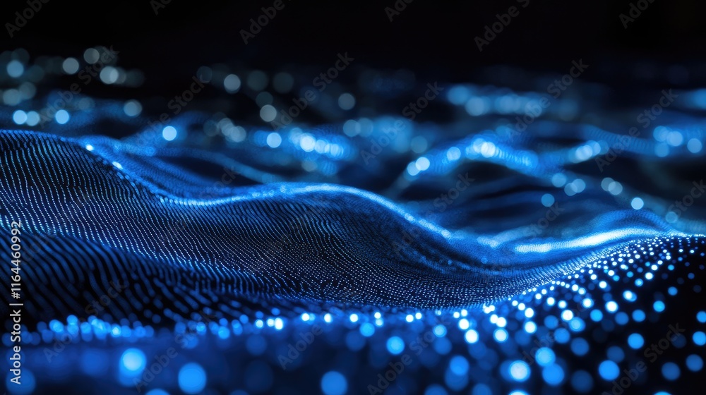 Glowing blue light spots on dark background creating an abstract wave pattern with a captivating visual effect. Glowing blue light spots on dark background creating an abstract wave pattern with a captivating visual effect.