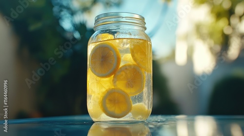 Citrus lemon-infused water in glass jar with sliced lemons outdoors on a sunny day refreshing beverage concept photo