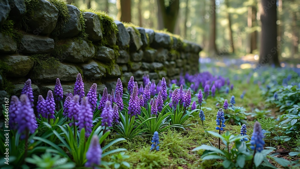 Obraz premium Vibrant Purple Grape Hyacinth Blooms Near Mossy Stone Wall in Lush Spring Forest