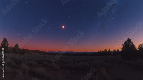 Full moon rising over a tranquil landscape at dusk, with stars sparkling in t...