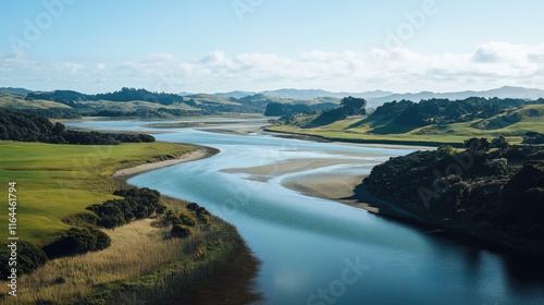 Idyllic coastal waterway flowing through a lush green landscape under a clear blue sky showcasing natural beauty and tranquility photo