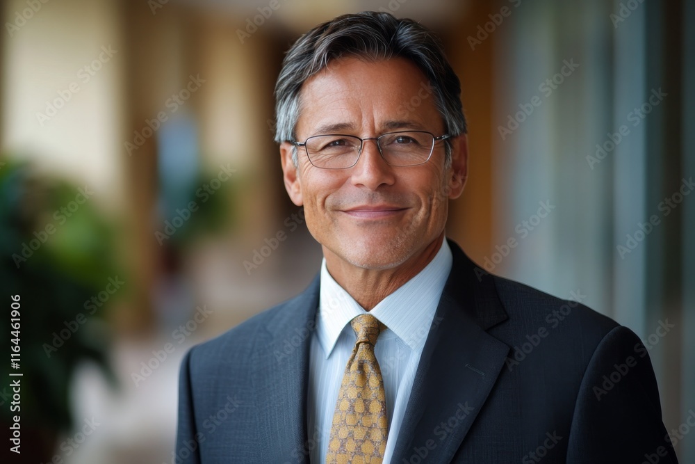 Professional man smiling in business attire with glasses in a modern office setting Professional man smiling in business attire with glasses in a modern office setting
