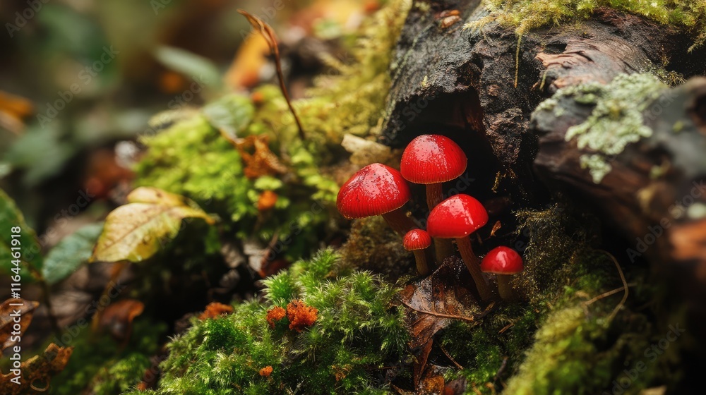 Vibrant red mushrooms thriving on moss-covered logs in a serene forest landscape. Vibrant red mushrooms thriving on moss-covered logs in a serene forest landscape.