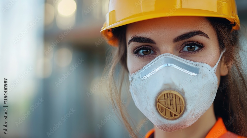 Fototapeta premium Female engineer in protective gear inspecting construction site for safety and contamination readiness before commencing work.