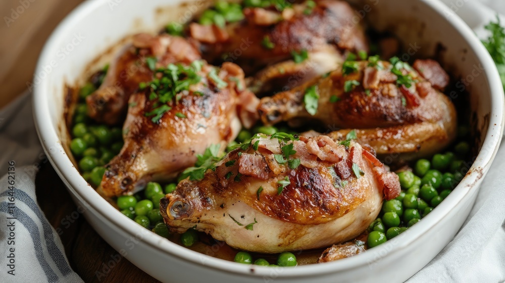 Baked quail with crispy bacon served on a bed of fresh green peas in a rustic dish Baked quail with crispy bacon served on a bed of fresh green peas in a rustic dish