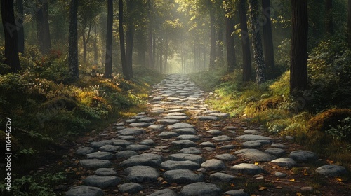 Cobblestone path winding through a serene forest with dappled sunlight and lush greenery highlighting the tranquil atmosphere. photo