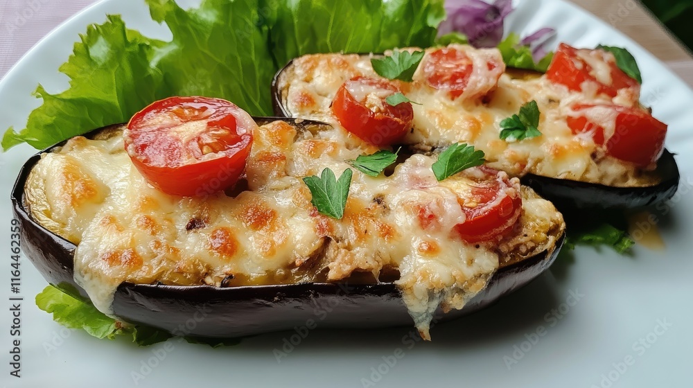 Baked eggplant dish topped with grated cheese cherry tomatoes and fresh lettuce served on a white plate Baked eggplant dish topped with grated cheese cherry tomatoes and fresh lettuce served on a white plate