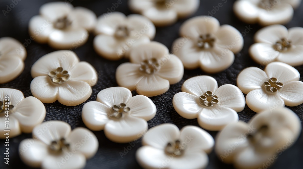 Obraz premium Delicate white flower coat buttons arranged aesthetically on a textured dark surface showcasing intricate design and craftsmanship.