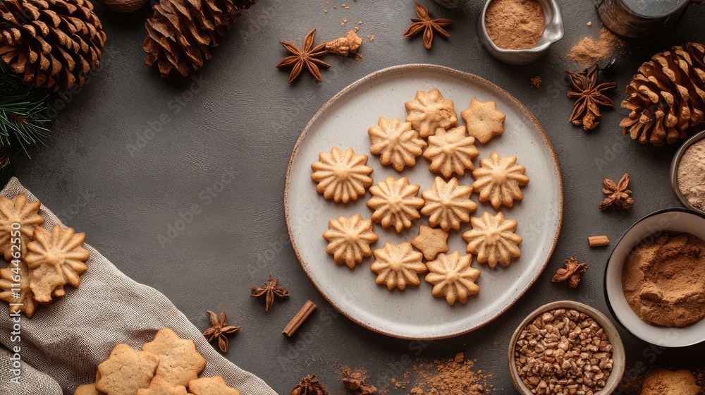 Baking scene with freshly made cookies on plate surrounded by spices and ingredients for holiday treats in flat lay composition Baking scene with freshly made cookies on plate surrounded by spices and ingredients for holiday treats in flat lay composition