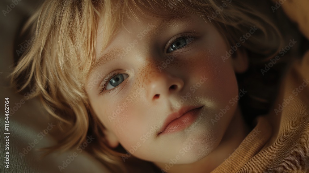 Close up portrait of a young child with soft features and striking blue eyes lying on a neutral background. Close up portrait of a young child with soft features and striking blue eyes lying on a neutral background.
