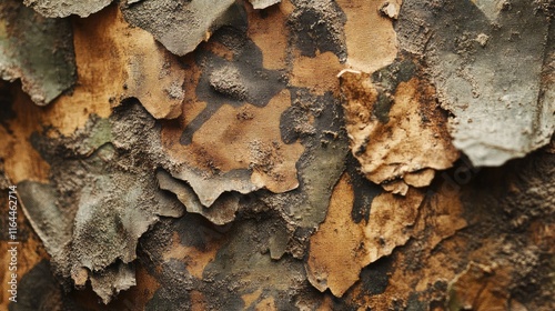 Close up view of textured camouflage fabric with layers and natural patterns for military or outdoor themed designs photo