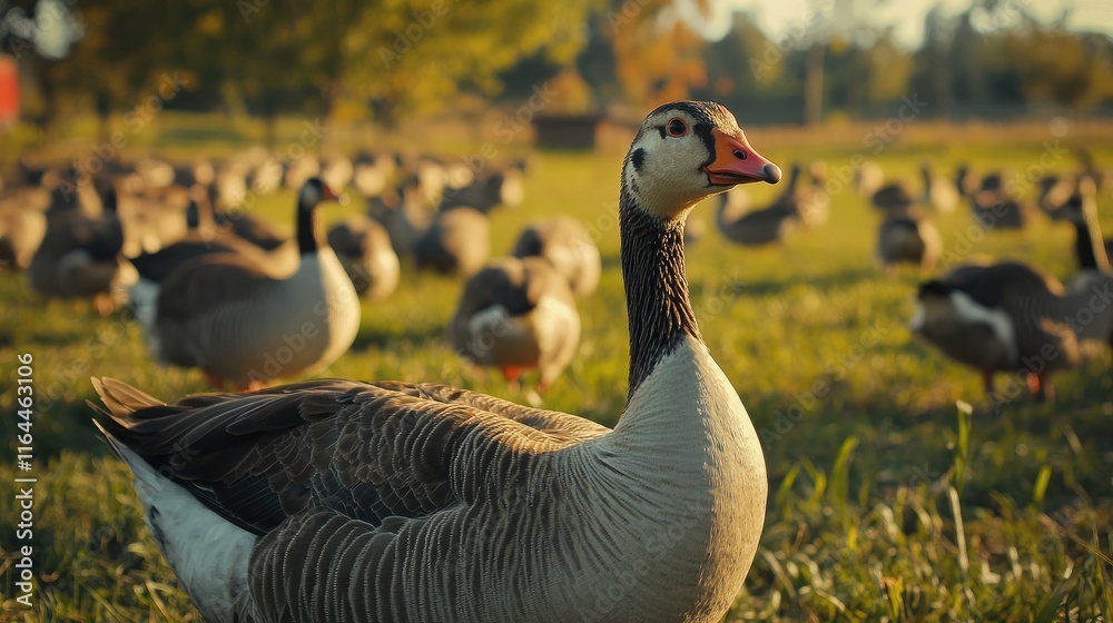 Obraz premium Close up of free range geese foraging in lush pasture with a herd in the background on a sunny day in a serene rural environment