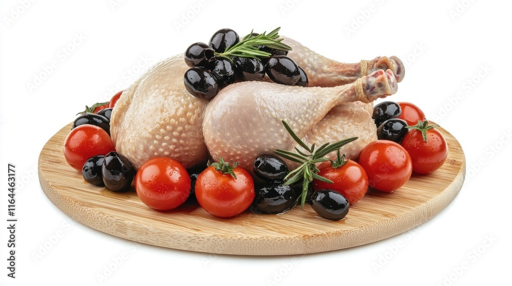 Freshly baked whole chicken served with black olives and cherry tomatoes on a wooden board for a rustic culinary presentation Freshly baked whole chicken served with black olives and cherry tomatoes on a wooden board for a rustic culinary presentation