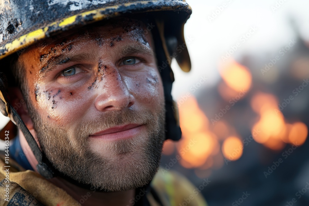A powerful portrait of a firefighter with smoke and soot on his face, capturing the grit, determination, and bravery of first responders in challenging conditions. A powerful portrait of a firefighter with smoke and soot on his face, capturing the grit, determination, and bravery of first responders in challenging conditions.