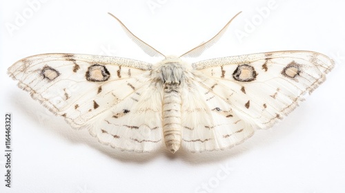 Detailed macro shot of Ephestia milleri moth showcasing intricate wing patterns and textures against a clean white background photo