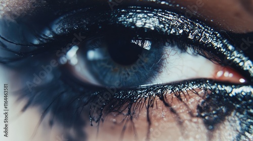 Close up of a woman's eye featuring dramatic makeup with smudged mascara highlighting the intensity and emotion of the gaze photo