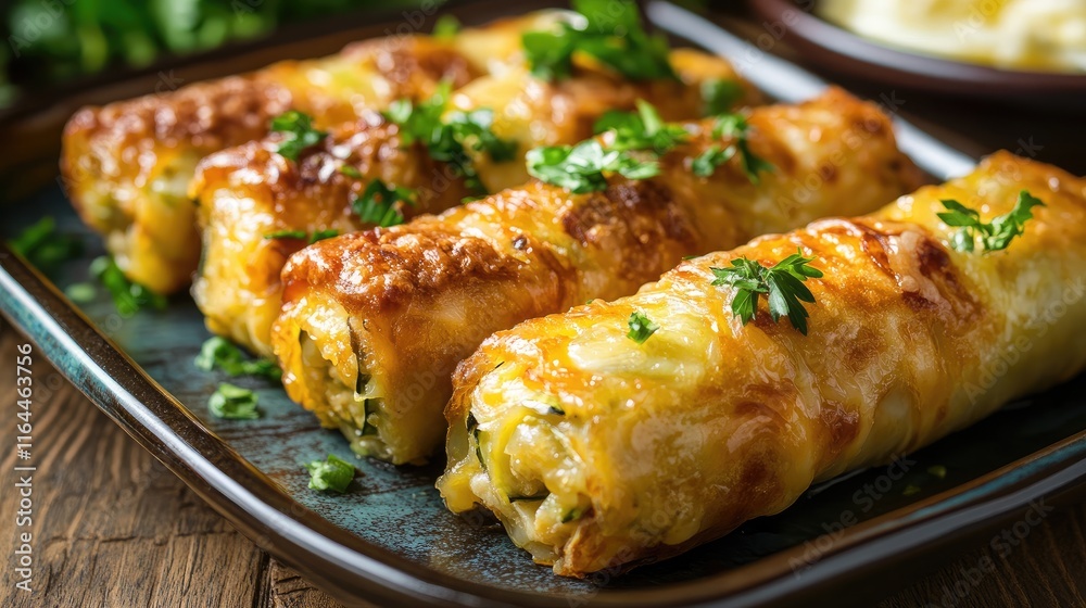 Baked zucchini rolls stuffed with minced meat egg and cheese garnished with fresh herbs on a rustic wooden table Baked zucchini rolls stuffed with minced meat egg and cheese garnished with fresh herbs on a rustic wooden table