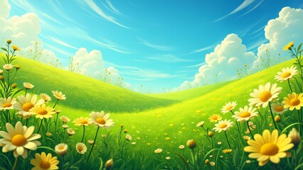 Keuken achterwand Turquoise Vibrant Panoramic Meadow Landscape, Sun-Drenched Green Hills, Blooming Yellow Daisies, Whimsical Cartoon Style  © Mokles