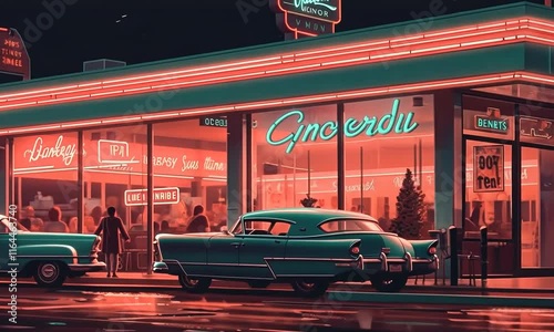 Retro diner scene at night with classic cars parked outside, neon signs illuminating the building and people inside.