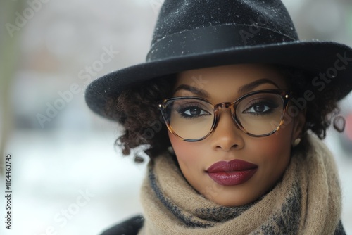 Woman with stylish glasses and hat in snowy urban setting during winter