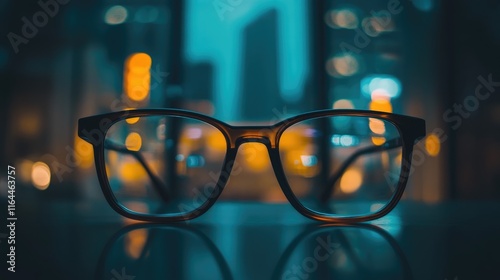 Close up of stylish eyeglass frame against blurred city lights showcasing modern eyewear fashion and design trends