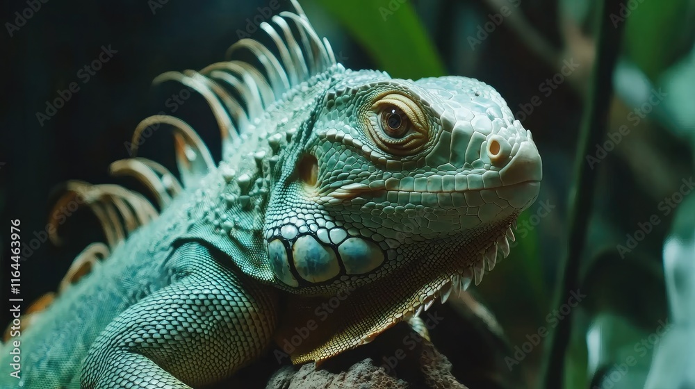 Fototapeta premium Detailed close-up of a vibrant green iguana showcasing its textured skin and striking features in a natural habitat setting.