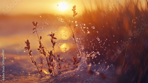 Fototapeta Naklejka Na Ścianę i Meble -  Coastal sunset over the Baltic Sea showcasing sand dunes water splashes and vibrant plants in a tranquil natural setting