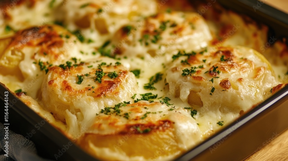 Creamy baked potatoes with melted cheese and herbs in a black baking dish served warm and inviting on a wooden kitchen table