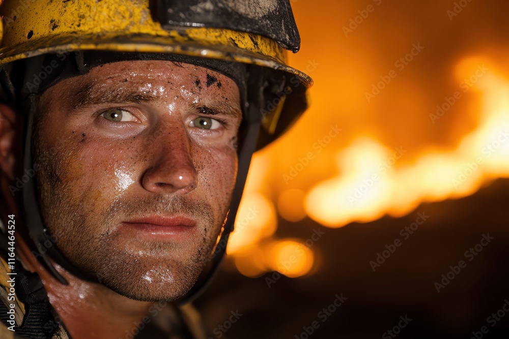 A brave firefighter gazes intensely into the camera, revealing battle scars and determination as he stands ground against overwhelming flames and life-threatening conditions. A brave firefighter gazes intensely into the camera, revealing battle scars and determination as he stands ground against overwhelming flames and life-threatening conditions.