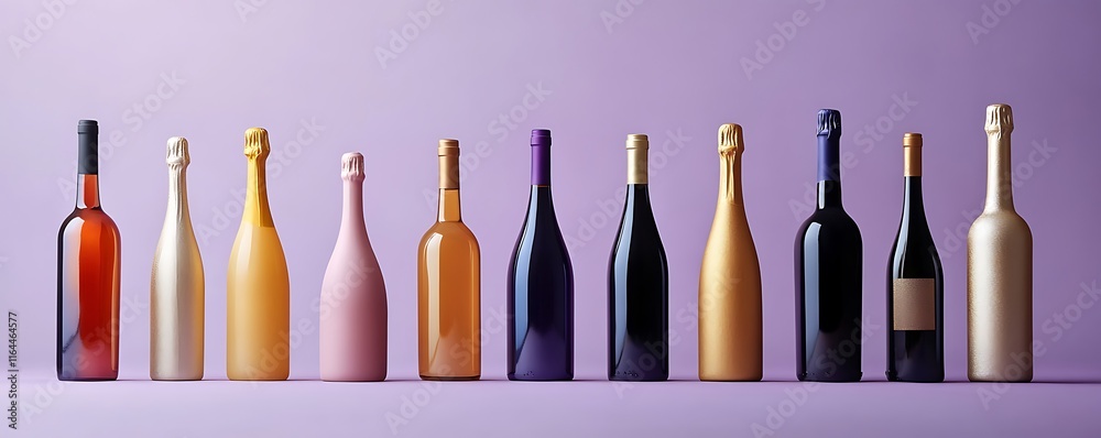 A group of decorative wine bottles in various hues on a solid muted purple backdrop A group of decorative wine bottles in various hues on a solid muted purple backdrop