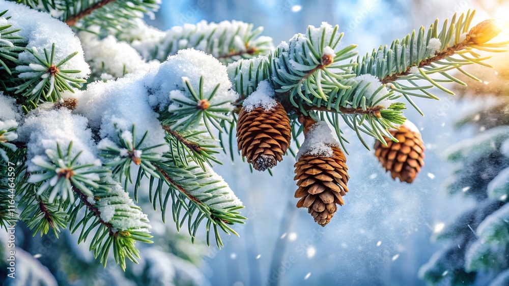 pine branch with cones, Fir branch with snow and cones in winter landscape pine branch with cones, Fir branch with snow and cones in winter landscape