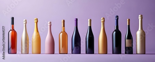 A group of decorative wine bottles in various hues on a solid muted purple backdrop