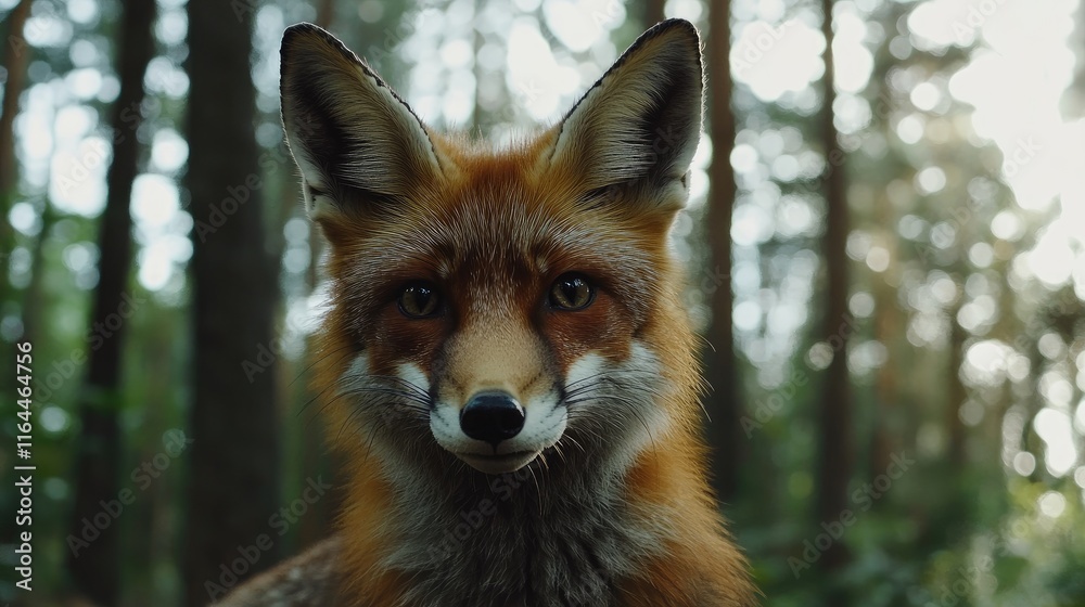 Obraz premium Close up Portrait of a Serious Fox in a Summer Forest Setting Surrounded by Trees and Soft Natural Light